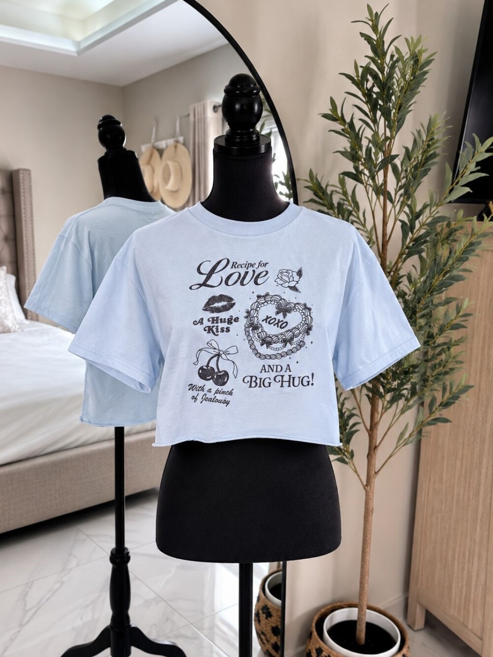 Light Blue Graphic Crop Tee with Love Print